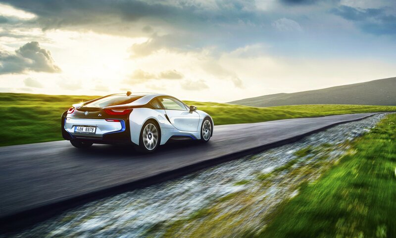 White Sports Car on Road — Green, Dynamic