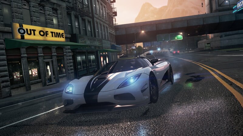 White Sports Car on Street — Dramatic, Sunset