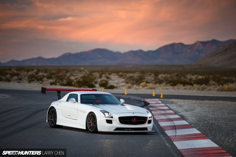 White Sports Car on Track — Dramatic, Sunset, Photograph