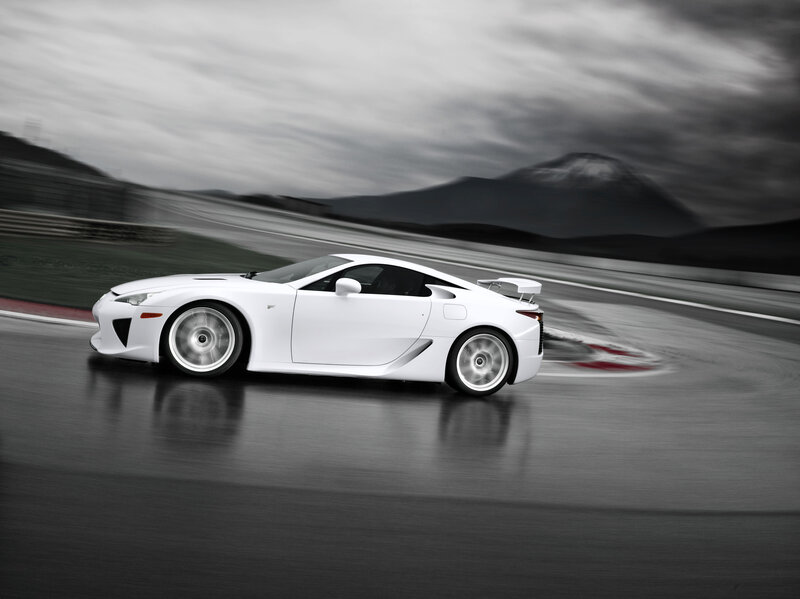 White Sports Car on Track — Dynamic, Photograph, Race Track, Mountain, Sky