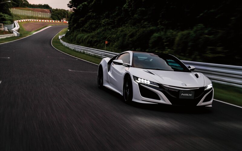 White Sports Car on Track — Dynamic, Sunset, Photograph, Race Track