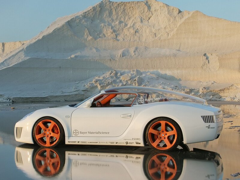 White sports car on wet sand