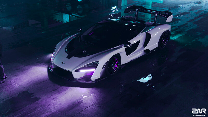 White Sports Car on Wet Street — Purple