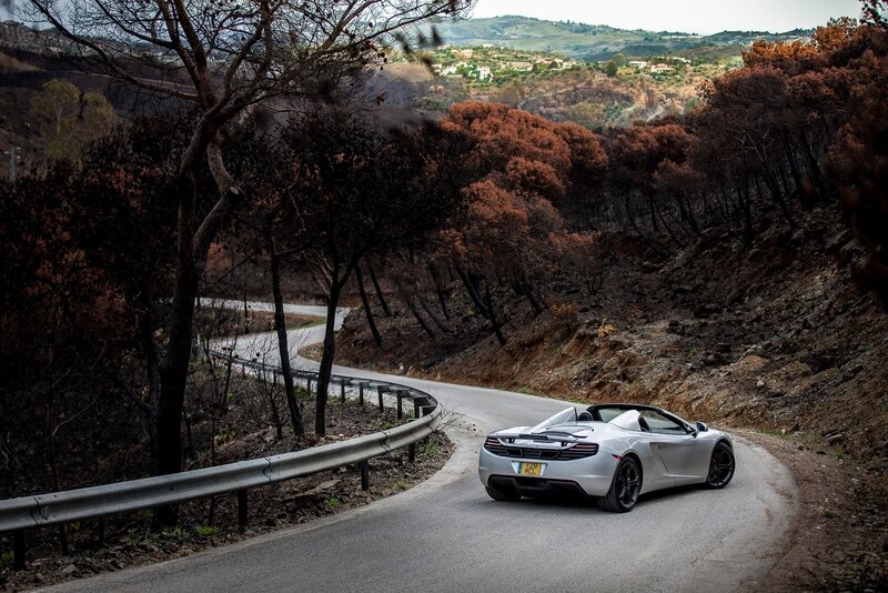 White sports car on winding road