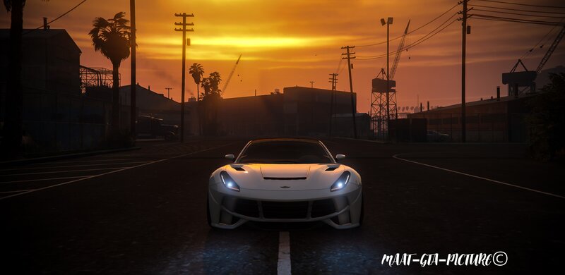 White Sports Car — Orange, Dramatic, Sunset
