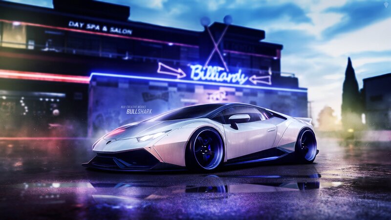 White Sports Car — Purple, Dramatic