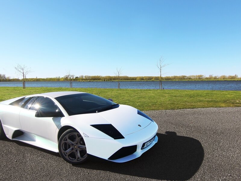 White Sports Car — Serene, Afternoon, Photograph, Lake