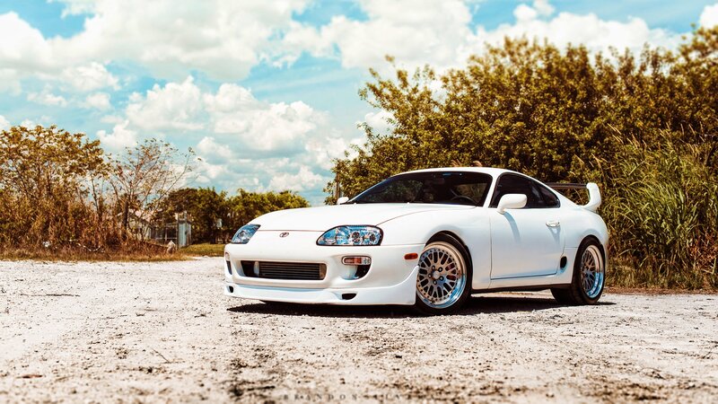 White Sports Car — Serene, Afternoon, Photograph, Trees, Sky
