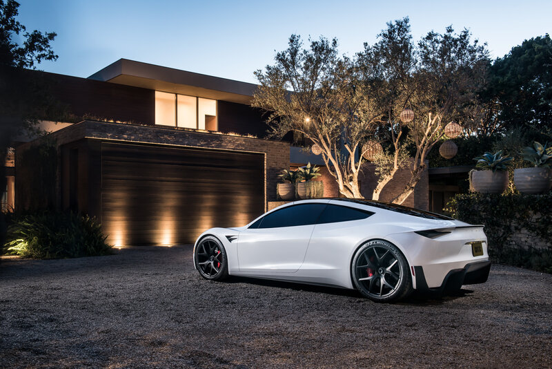 White Sports Car — Serene, Sunset, Photograph, Modern House