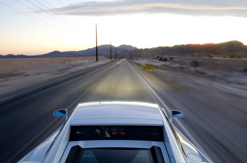 White Sports Car — Serene, Sunset, Photograph, Road, Mountains, Power Lines