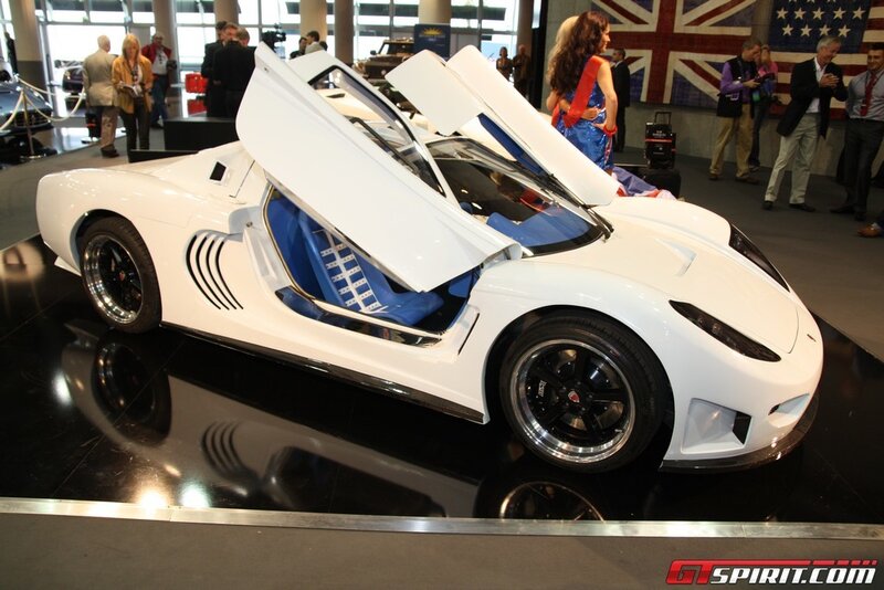 White Sports Car — Showroom, Photograph, People
