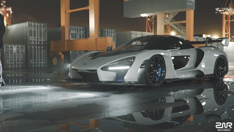White Sports Car — Silver, Dramatic, Night, 3d Render, Container Yard