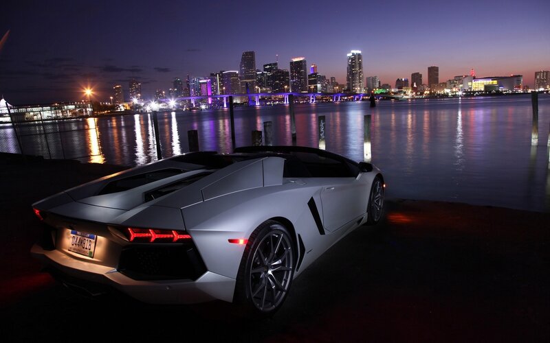 White Sports Car — Silver, Dramatic, Night, Photograph, City Skyline