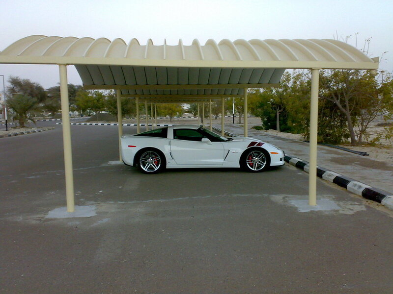 White sports car under canopy