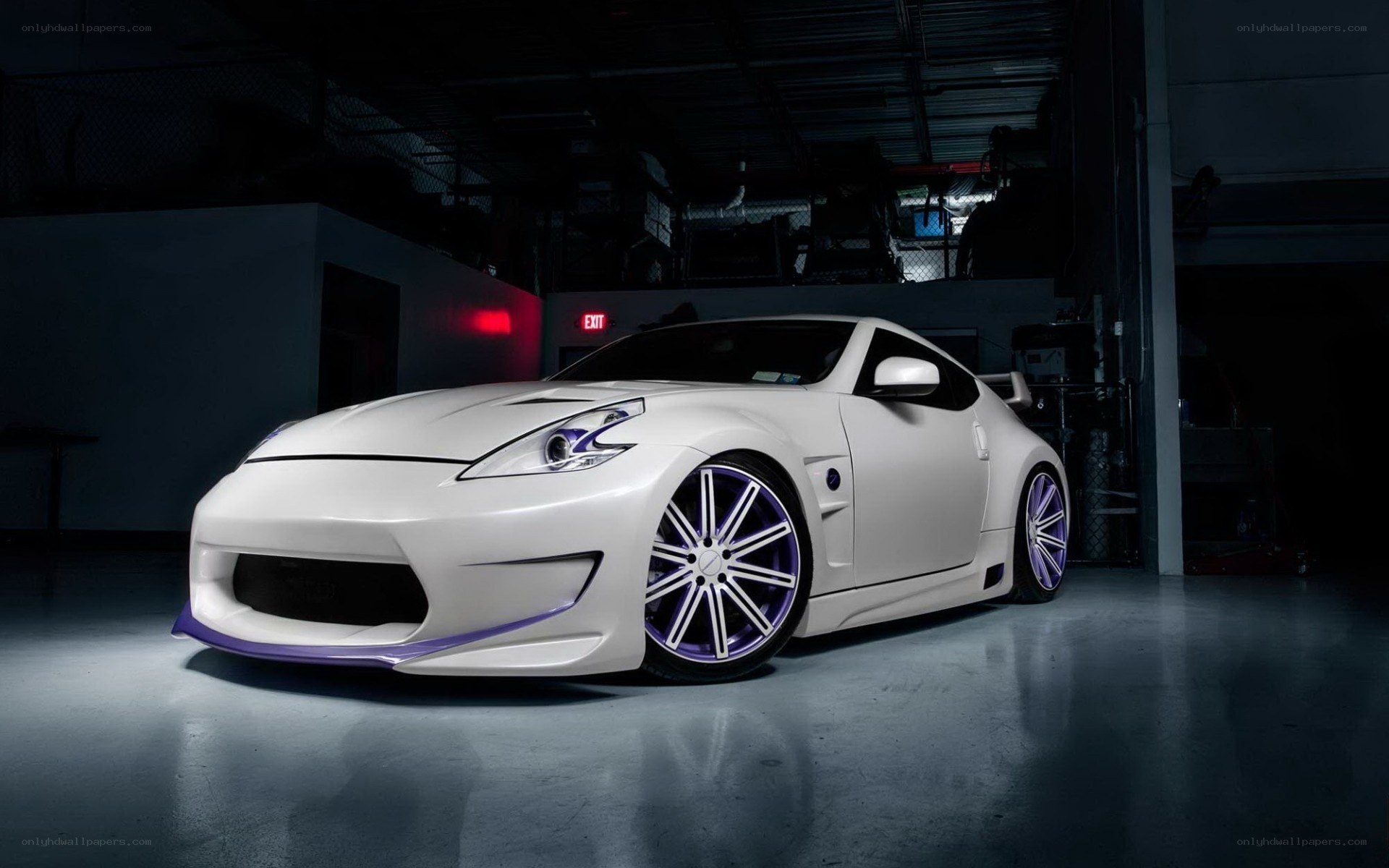 white sports car with purple accents