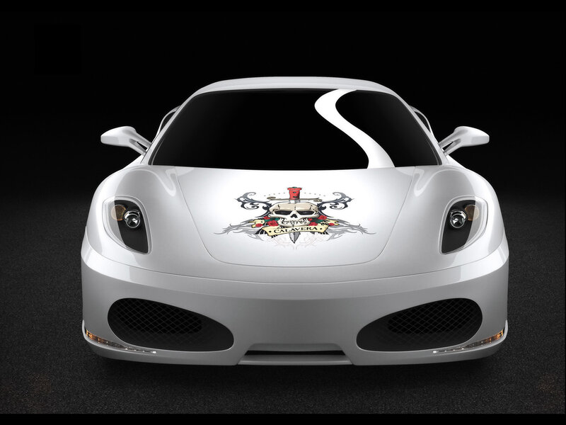 white sports car with skull decal