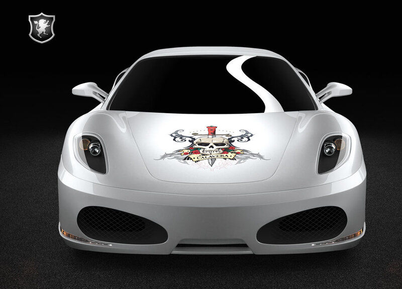 White sports car with skull decal