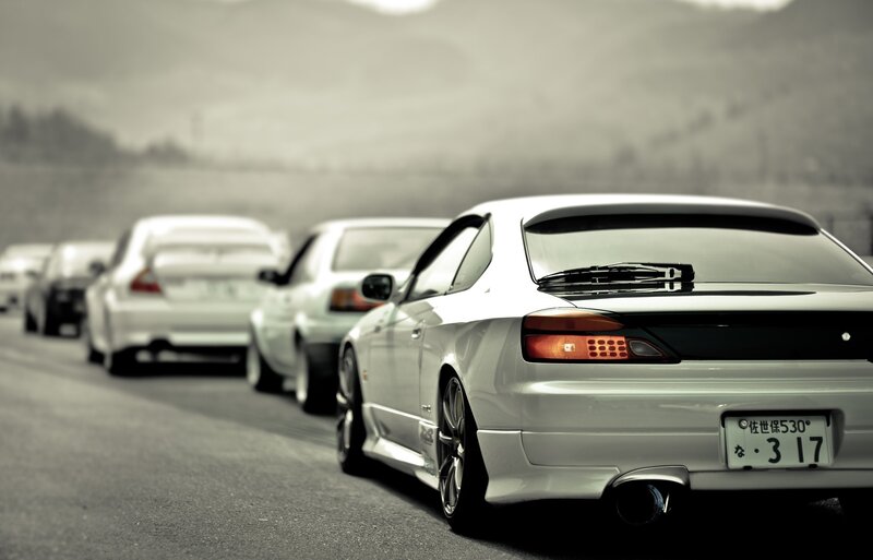 White Sports Cars in Line — Dramatic, Photograph