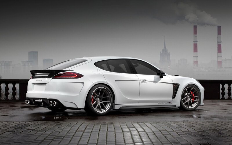 White Sports Sedan — Dramatic, Photograph, City Skyline
