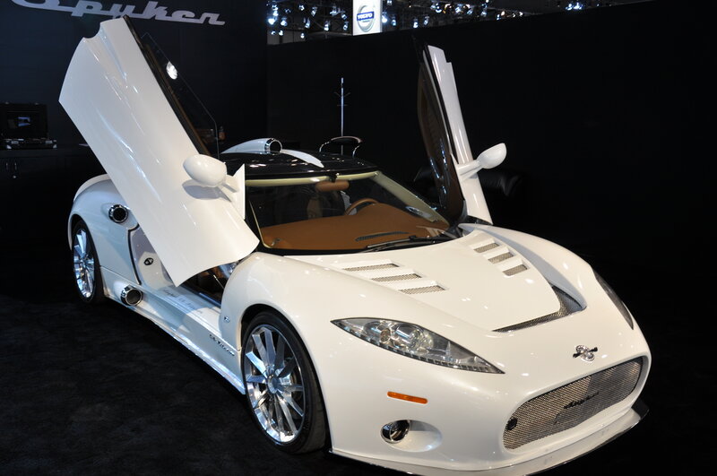 White Spyker sports car on display