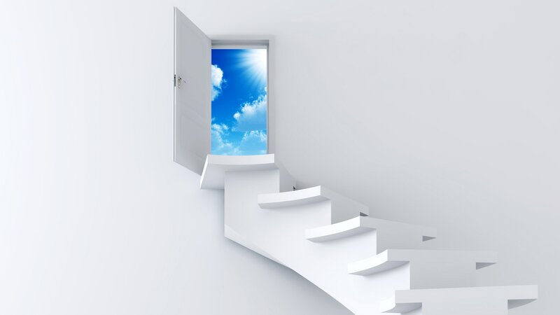 White Staircase to Door — Serene, Morning, 3d Render, Stairs, Sky