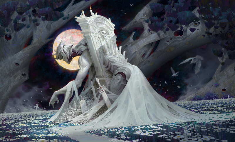 White Statue in Flower Field