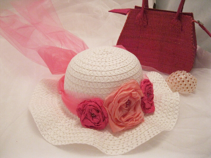 White Straw Hat with Flowers