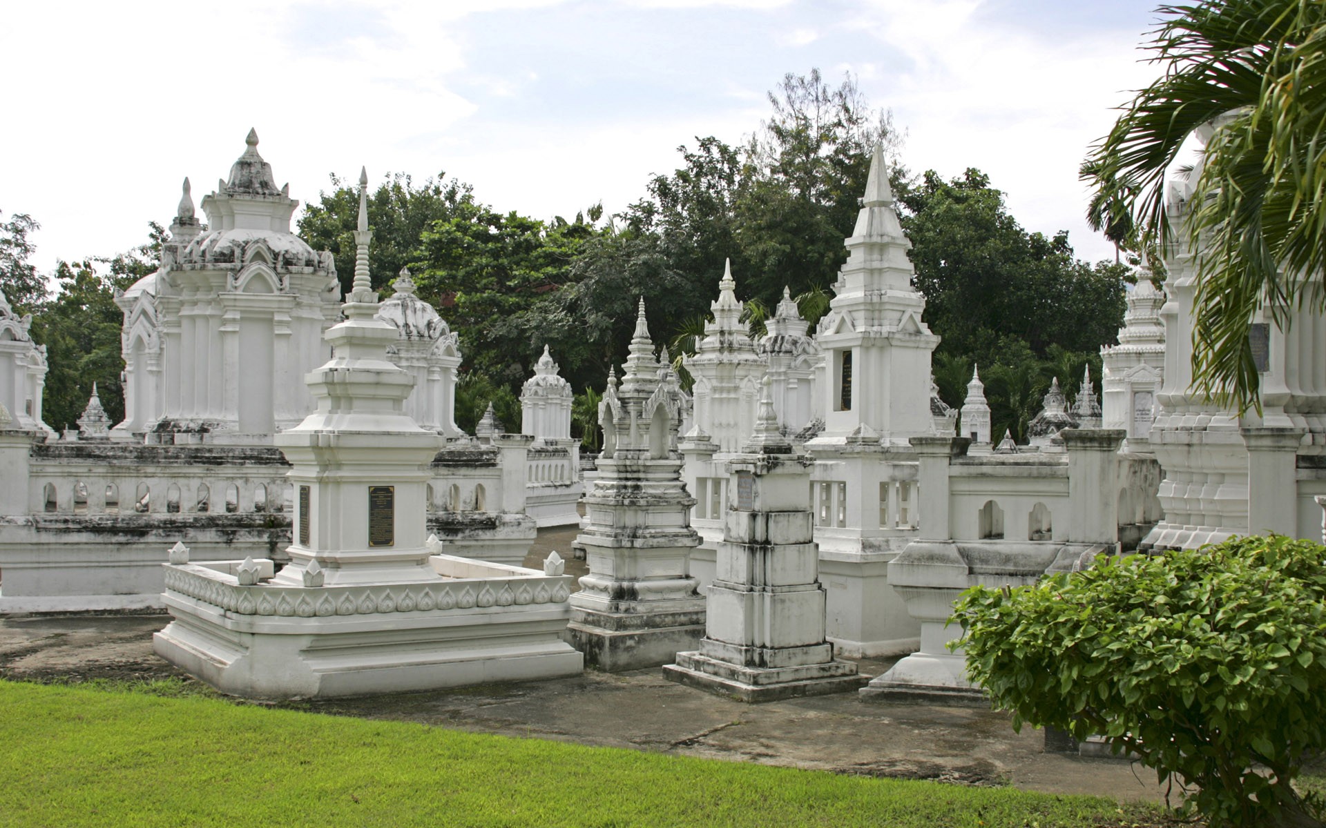 White stupas in a cemetery