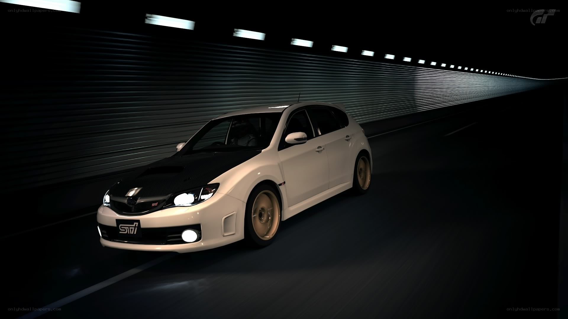white subaru in tunnel