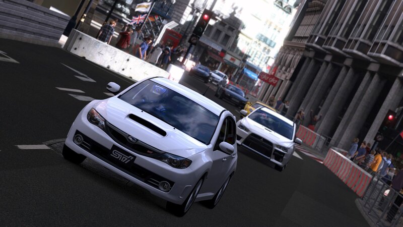 White Subaru STI racing in city