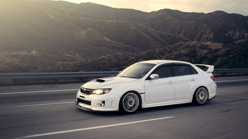 White Subaru Wrx Sti — Dramatic, Sunset, Photograph, Car, Mountains, Road, Gray, Brown