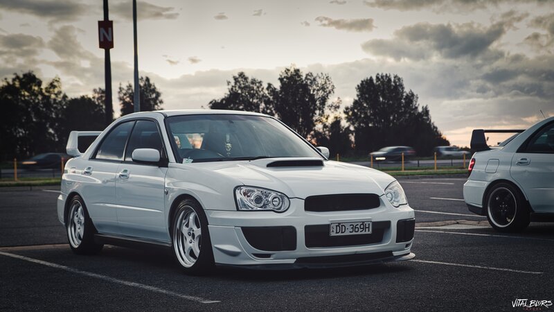 White Subaru Wrx Sti — Dramatic, Sunset, Photograph, Car, Parking Lot