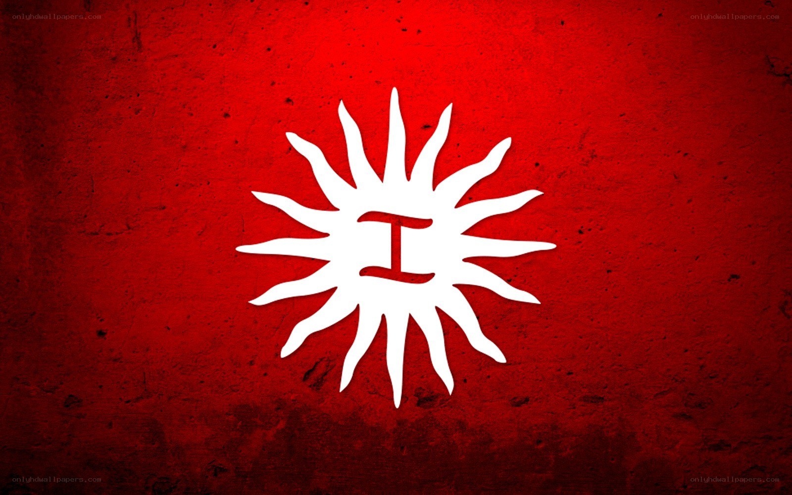 White sun symbol on red background
