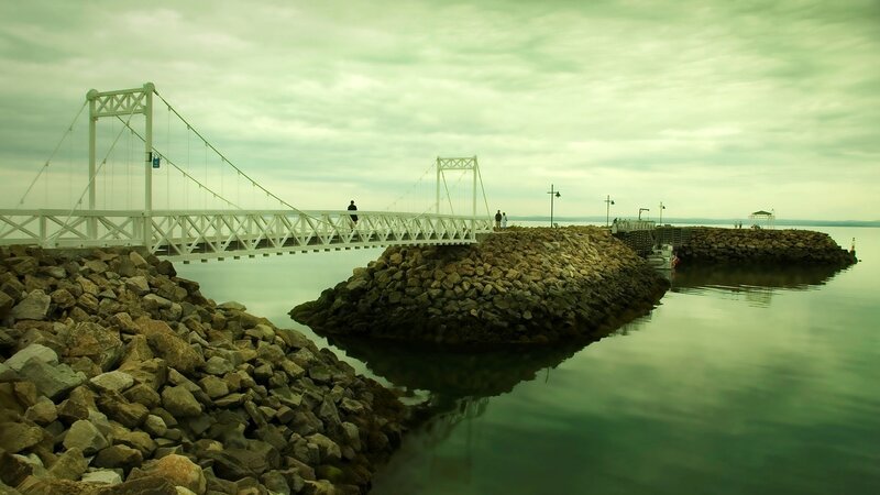 White Suspension Bridge — Green, Calm, Morning