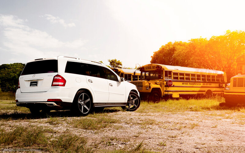 White SUV and school buses