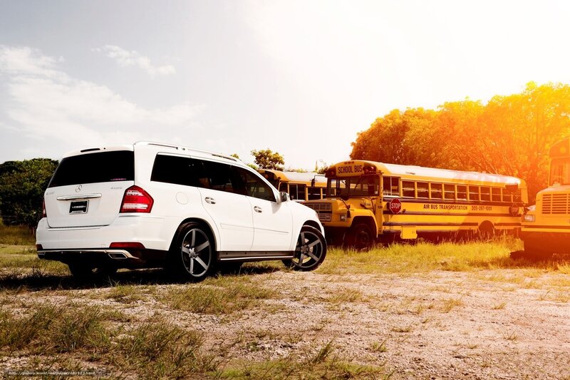 White SUV and School Buses — Yellow