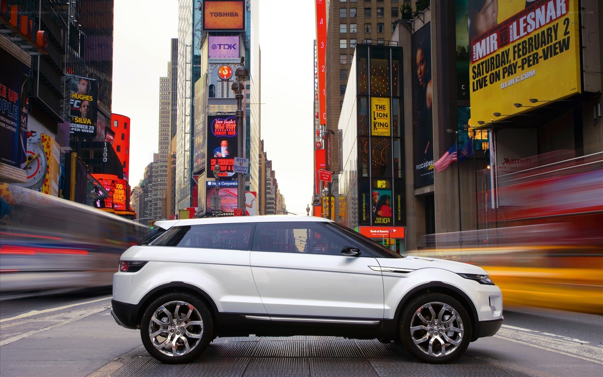 White SUV in Times Square