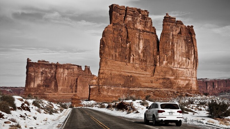 White Suv on Desert Road — Brown