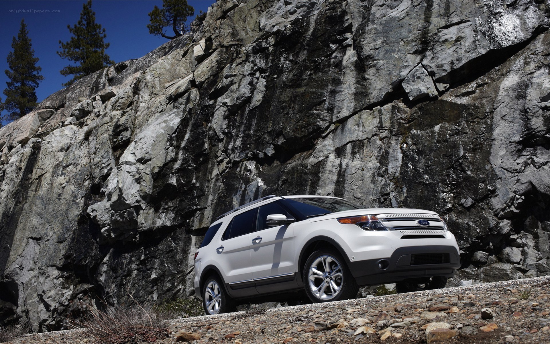 White SUV on rocky terrain
