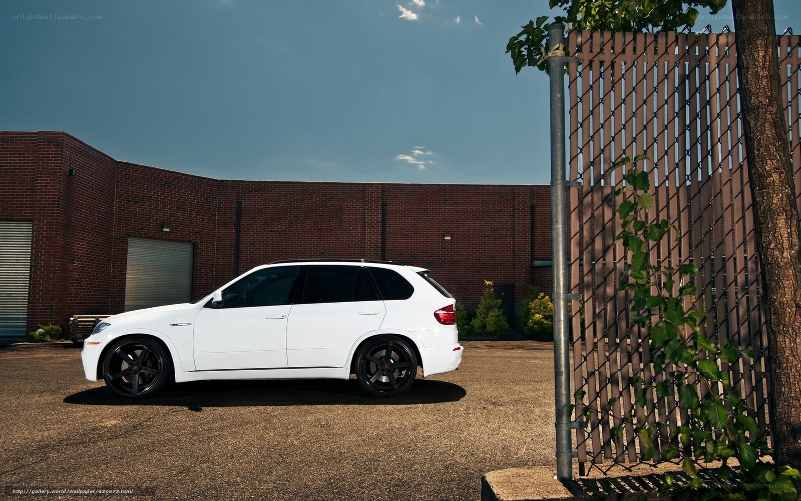White SUV parked by fence