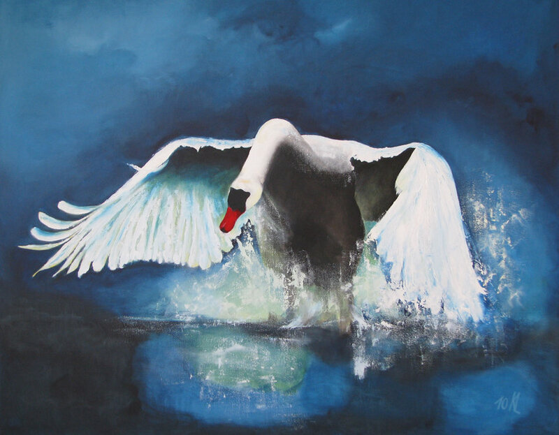 White Swan in Flight — Blue, Dramatic