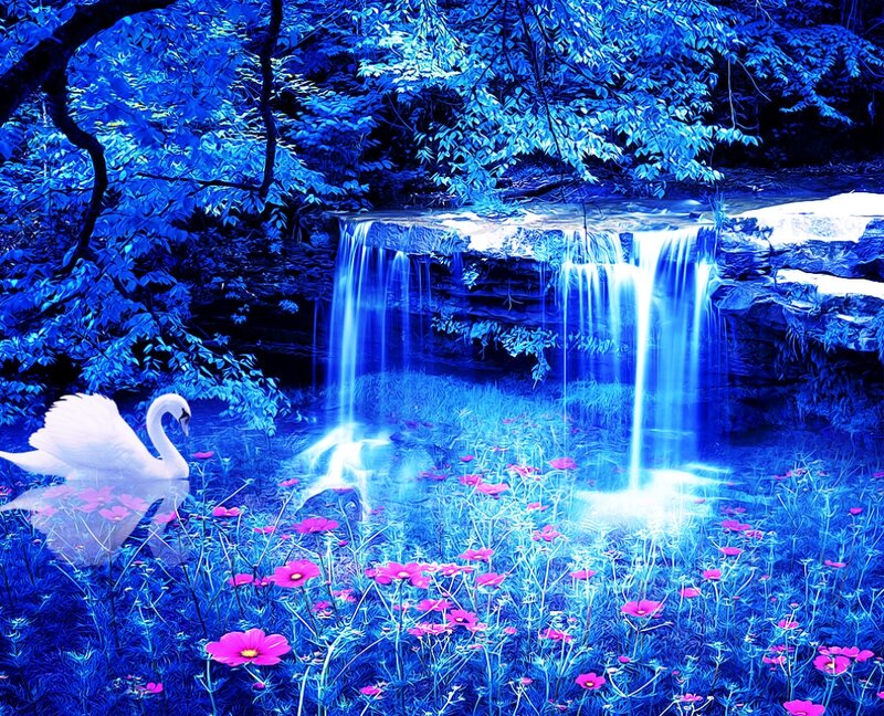 White Swan in Pond — Blue, Serene, Digital Art
