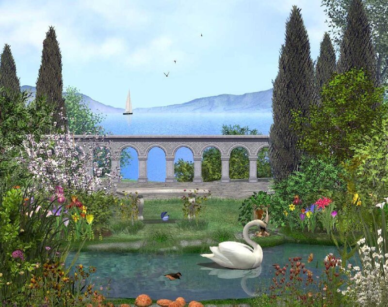 White Swan in Pond — Green, Serene, Afternoon, Digital Art