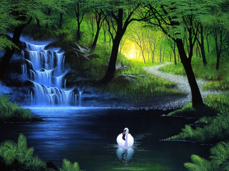White Swan in Pond — Green, Serene, Morning, Painting