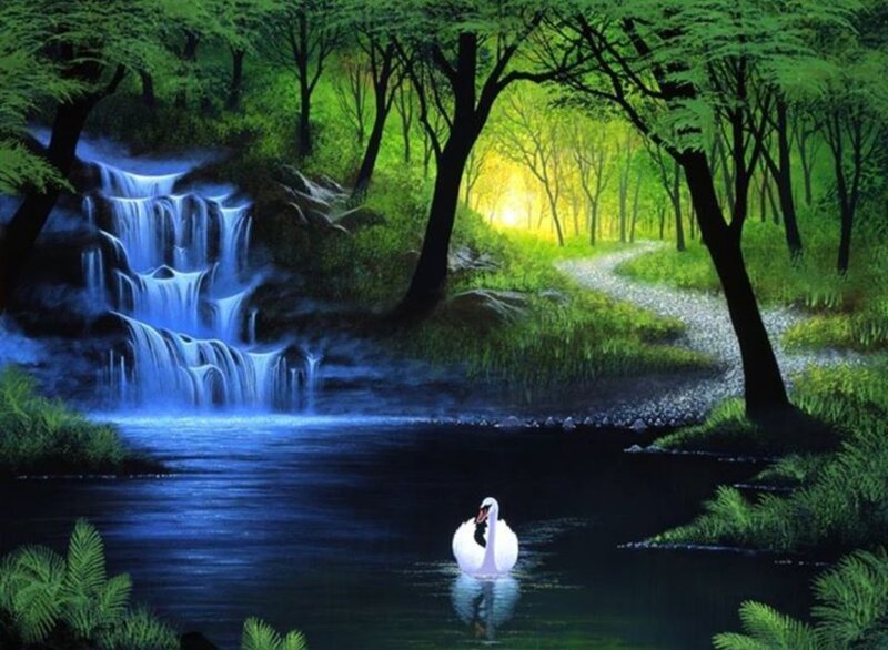 White Swan in Pond — Green, Serene, Morning, Painting, Waterfall