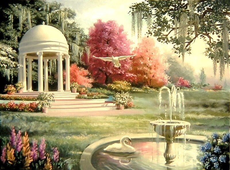 White Swan in Pond — Green, Serene