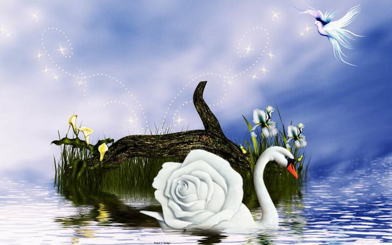 White Swan in Water — Blue, Serene, Digital Art