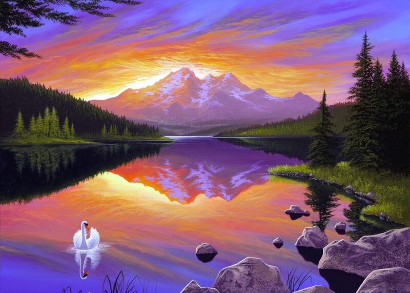 White Swan on Lake — Purple, Serene, Sunset