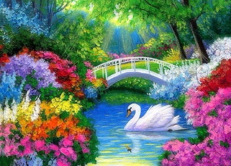White Swan on Pond — Green, Serene, Afternoon, Painting