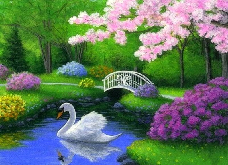 White Swan on Pond — Green, Serene, Spring, Painting